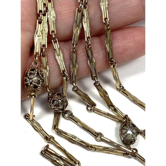 Necklace Vintage Caged Pearls Gold Tone Metal Beads Linked 30” - Picture 15 of 16
